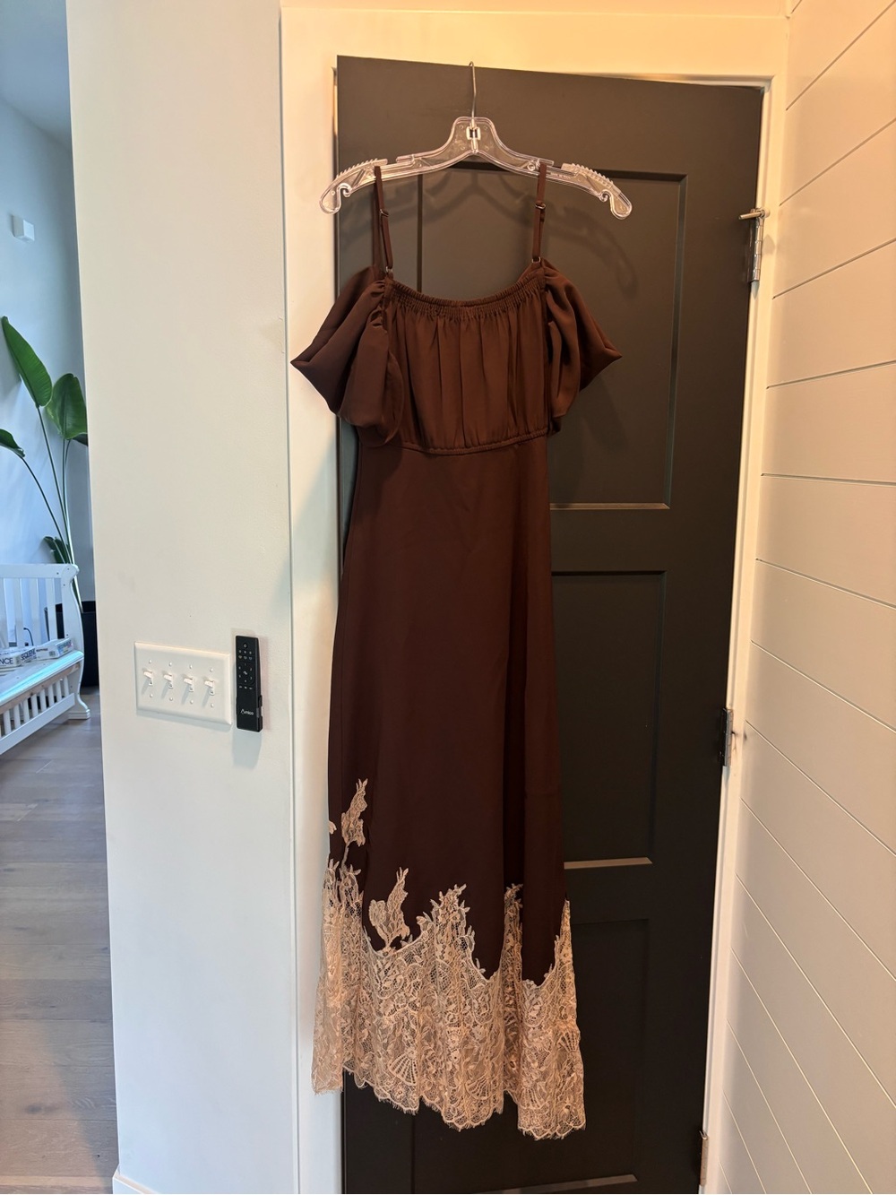 Anthropologie Bl-nk Satin Off-Shoulder Lace Midi Dress Small Reg Chocolate Brown - Picture 10 of 13